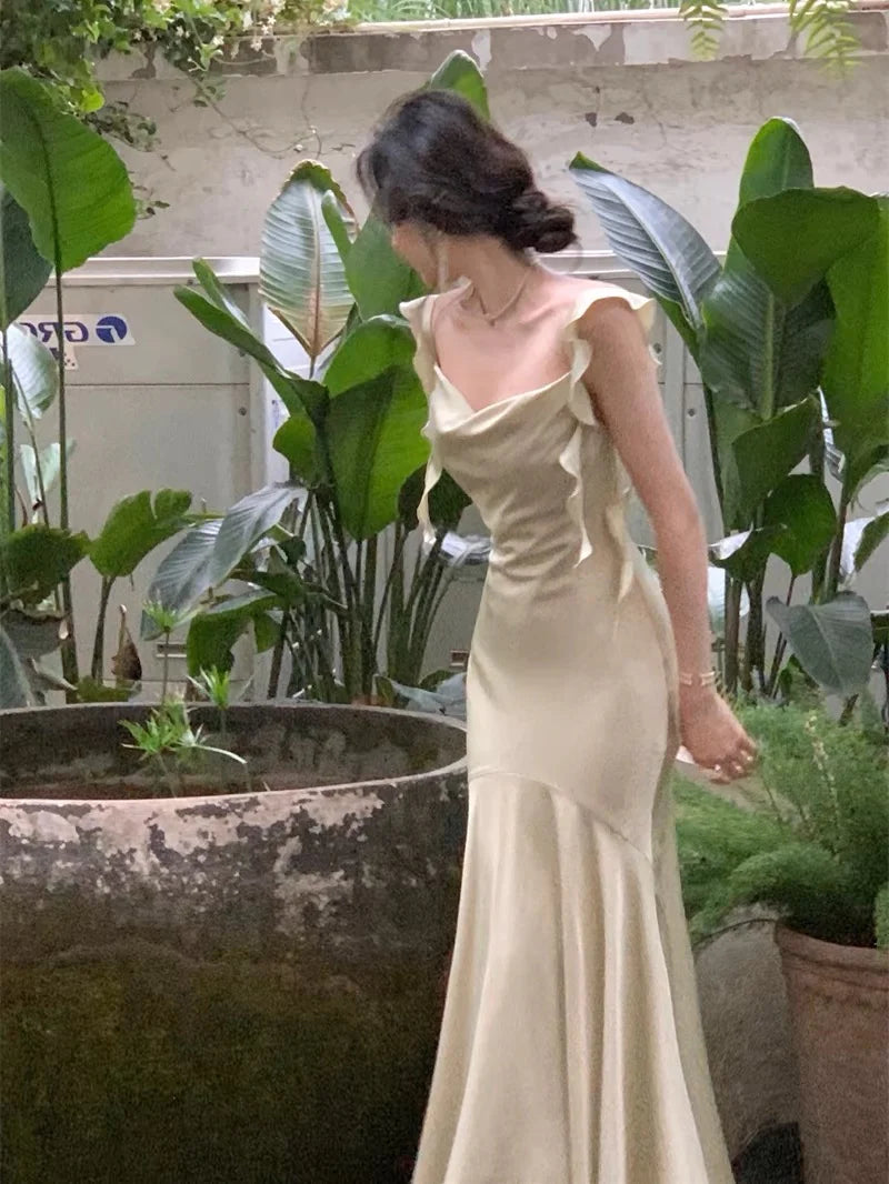 TingPo Wholesale Simple Sheath Straps Sleeveless Silk Satin Sage Green Prom Dress Evening Dresses
